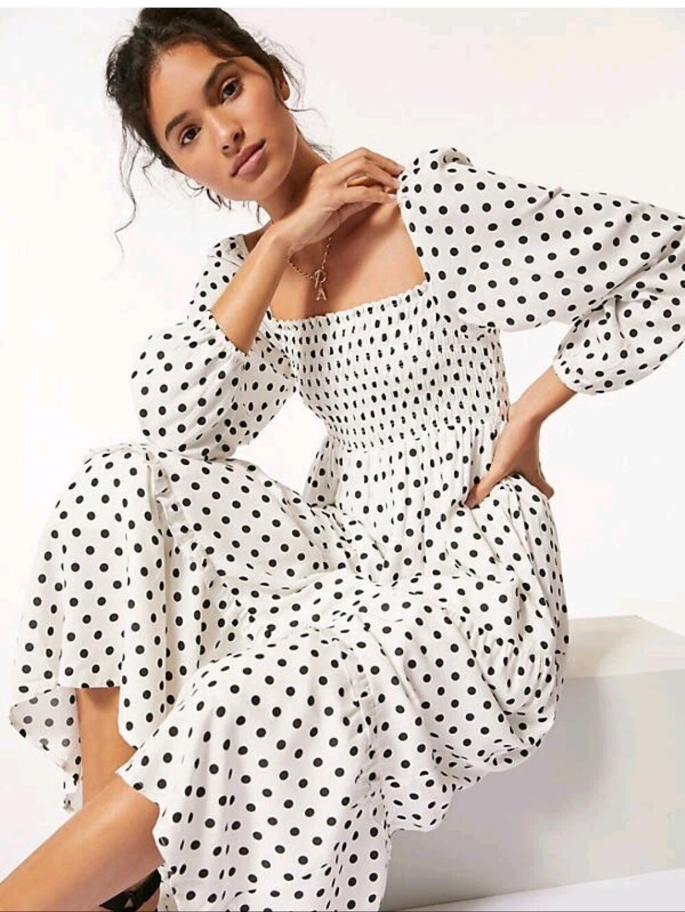 ANTHROPOLOGIE X DOLAN Sz XS PRINTED SMOCKED MIDI DRESS POLKA DOT MOTIF
